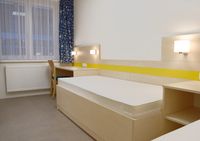 Einzelbett mit einem Wandpaneel in einer Rehaklinik
